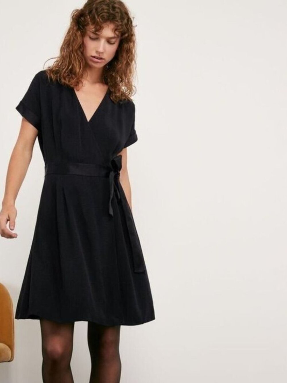 Comptoir Des Cotonniers Black Wrap Midi Dress with Side Tie